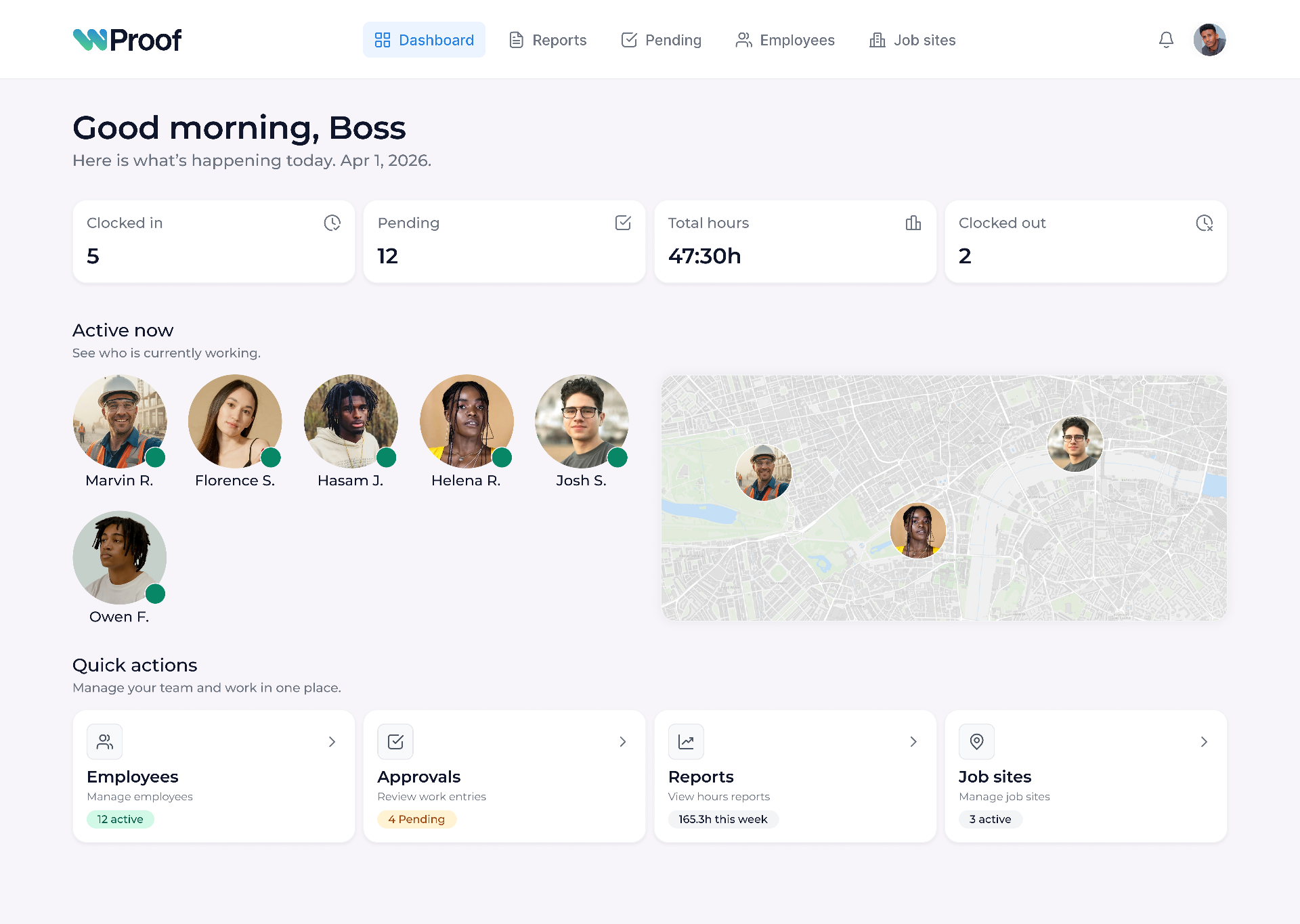 WProof dashboard showing clocked-in employees, pending approvals, total hours, active team members on a live map, and quick actions.