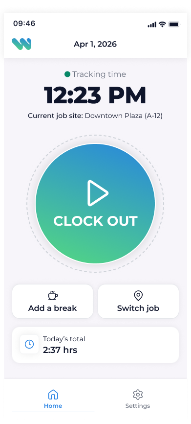 WProof mobile clock-in screen